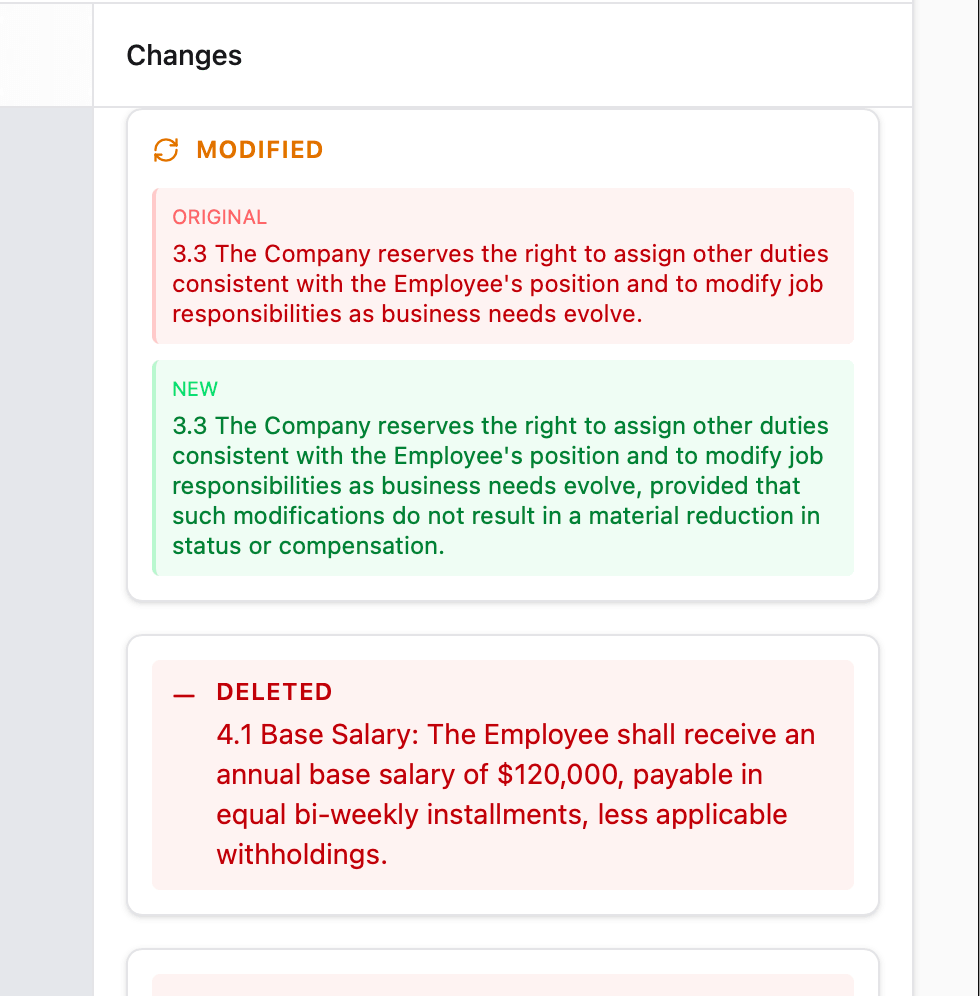 Changes panel summarizing modified and deleted content